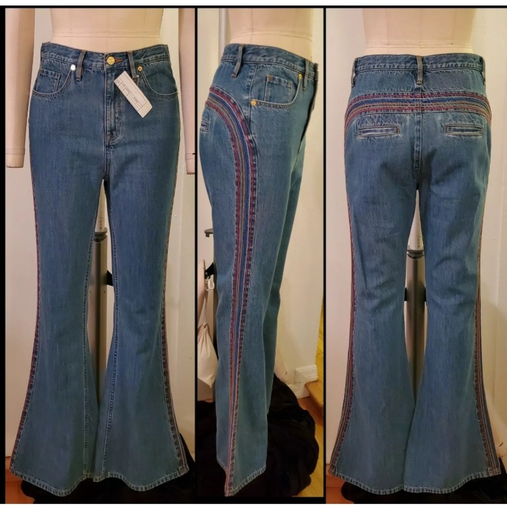 Flare Denim Jeans JUICY COUTURE BLACK LABEL Rainbow Stripe Embroidered 27 Boho
